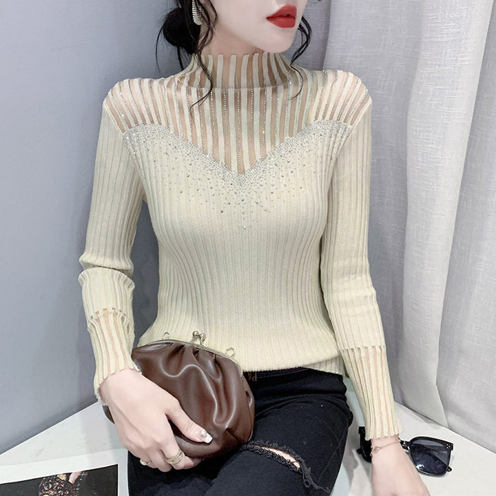 Women's Long Sleeve Hot Diamond Mesh Splicing Knitwear - Modefluss