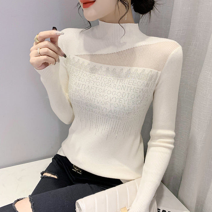 Women's Long Sleeve Hot Diamond Mesh Splicing Knitwear - Modefluss