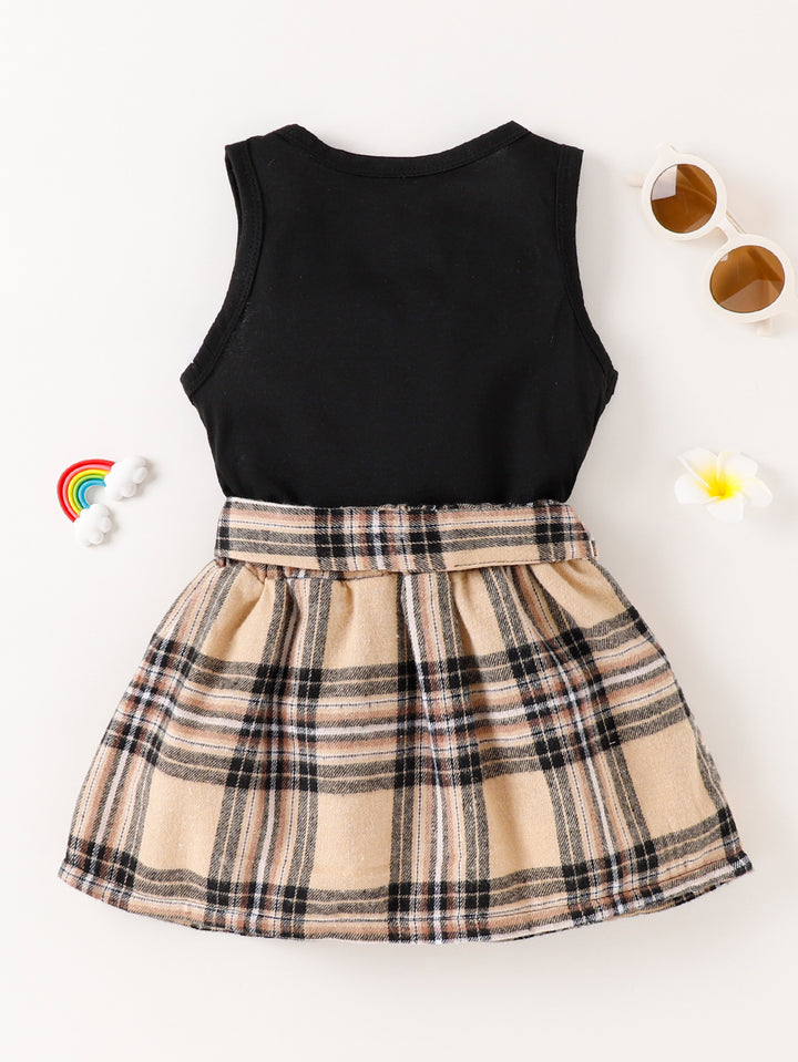 Solid Color Tank Top Plaid Skirt Girls Suit - Modefluss