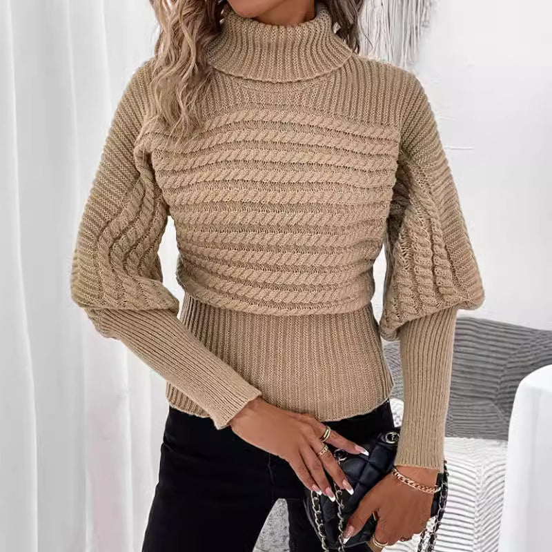 Pullover mit hohem Kragen und langen Ärmeln – Zopfmuster, einfarbiges Strickdesign - Modefluss