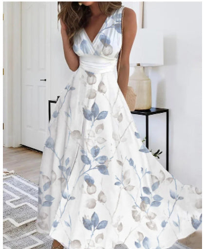 Women's Summer New V-neck High Waist Sleeveless Printed Vest Dress - Modefluss