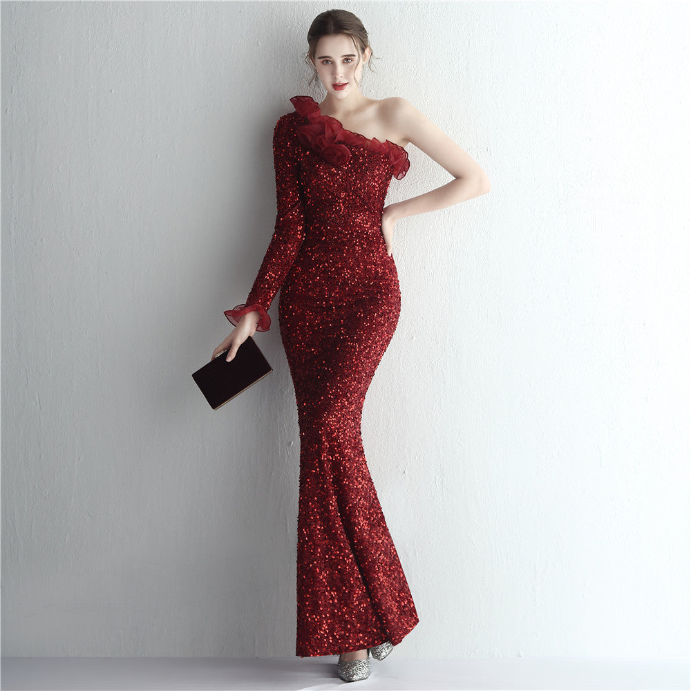 Temperament One-shoulder Long-sleeved Sequined Aura Queen Fishtail - Modefluss