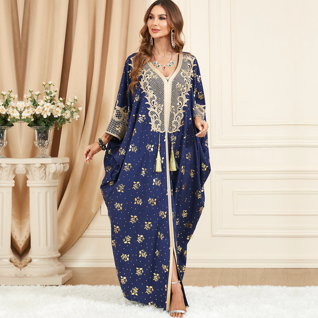 Long Sleeve Stitching Bat Sleeve Tassel Plus Size Dress - Modefluss