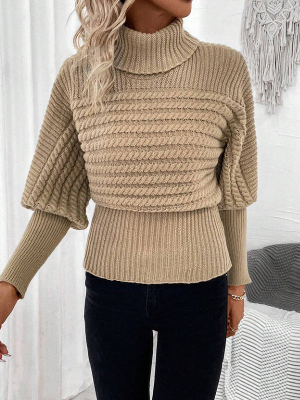 Pullover mit hohem Kragen und langen Ärmeln – Zopfmuster, einfarbiges Strickdesign - Modefluss