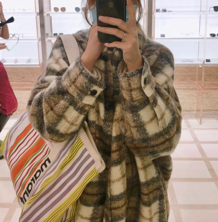 Lose Plaid Profil Wolle Mantel Mid-länge Frauen - Modefluss