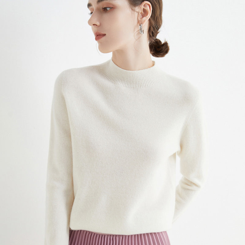Half High Collar Pure Wool Women's Long Sleeved Knitted Base Sweater - Modefluss