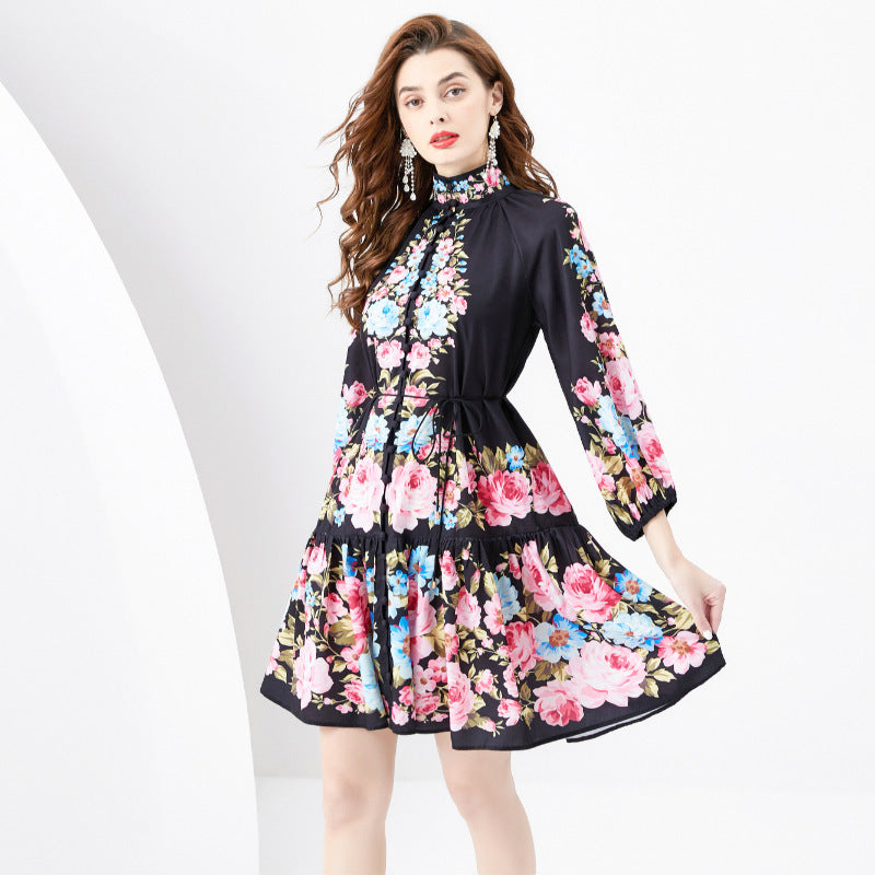 French Retro Printed Formal Dress - Modefluss