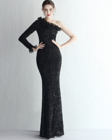Temperament One-shoulder Long-sleeved Sequined Aura Queen Fishtail - Modefluss