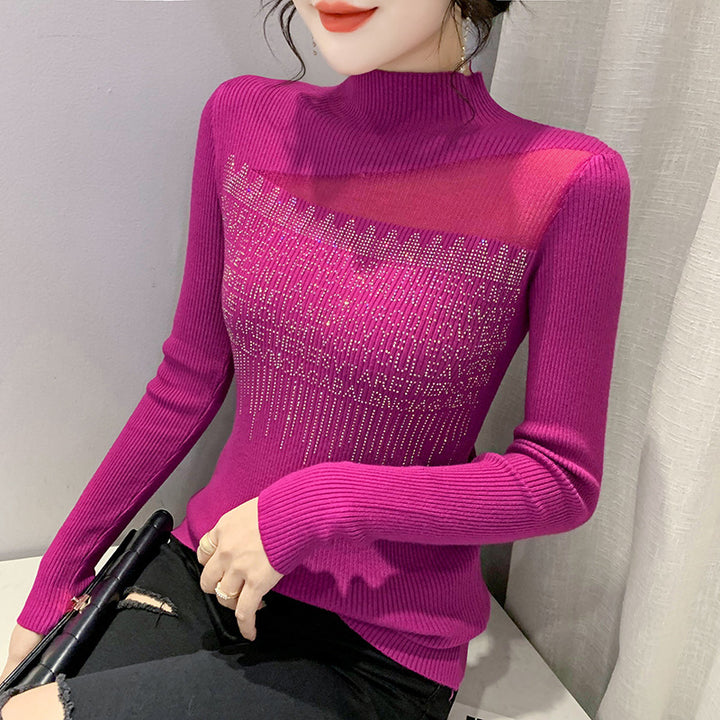 Women's Long Sleeve Hot Diamond Mesh Splicing Knitwear - Modefluss