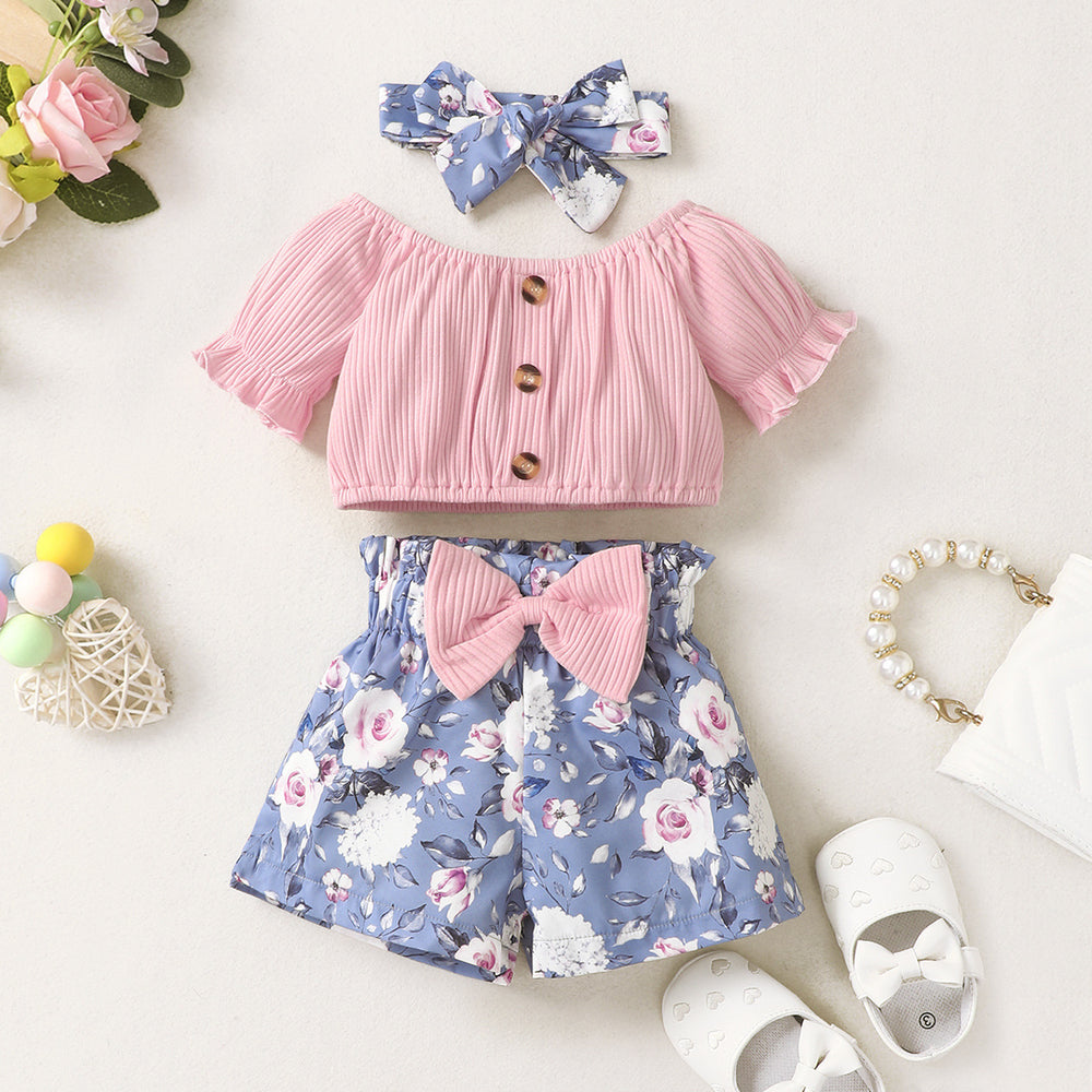 Baby Cute Printed Shorts Suit Short Sleeve T-shirt Pants Headscarf Three-piece Set - Modefluss