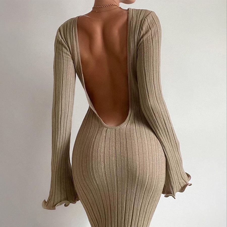Ruffled Long Sleeve Knitted Maxi Dress - Modefluss