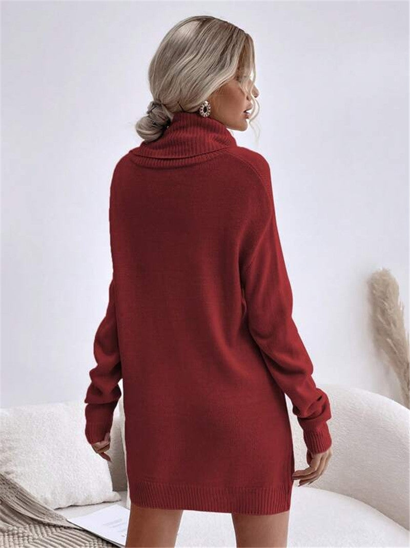 Solid Color Loose High Collar Knitted Dress - Modefluss