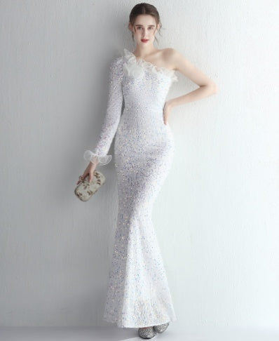 Temperament One-shoulder Long-sleeved Sequined Aura Queen Fishtail - Modefluss