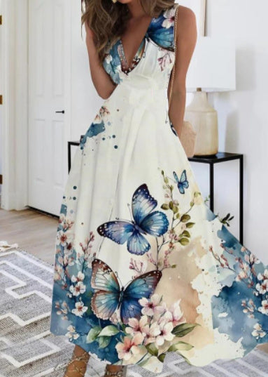 Women's Summer New V-neck High Waist Sleeveless Printed Vest Dress - Modefluss