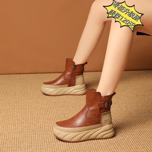 Fleece-lined Platform Muffin Platform Motorcycle Boots Casual Women's Shoes - Modefluss