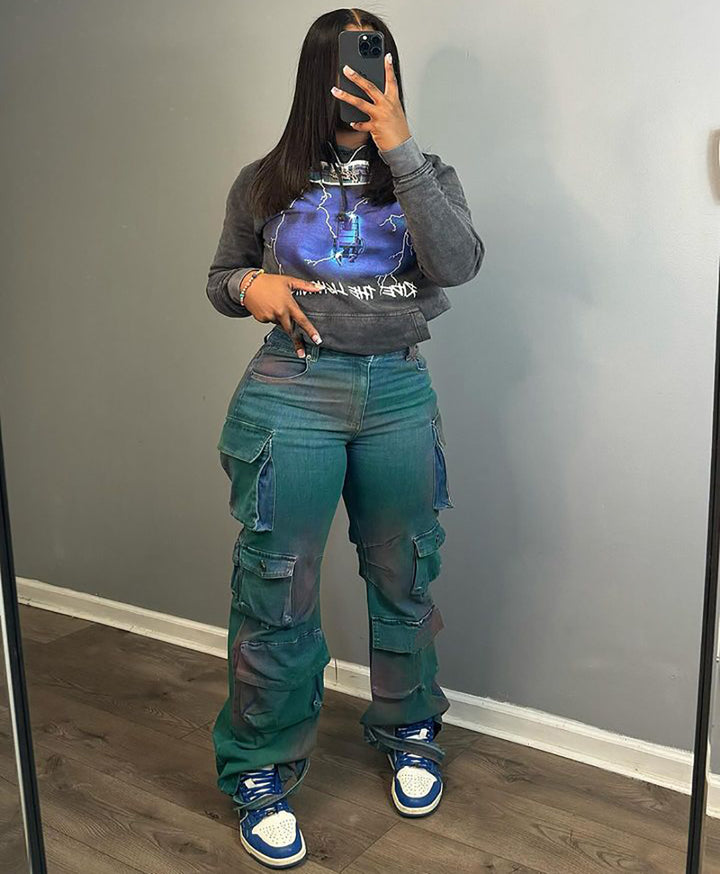 Fashion Personality Trend Multi-pocket Tie-dyed Jeans High Waist Straight Pants - Modefluss