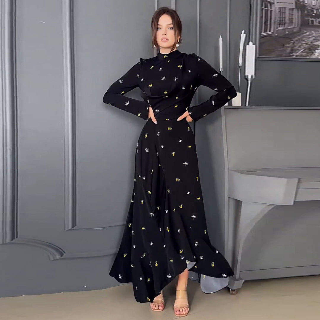 Long Sleeve Slim Fit Ruffled Large Swing Dress - Modefluss