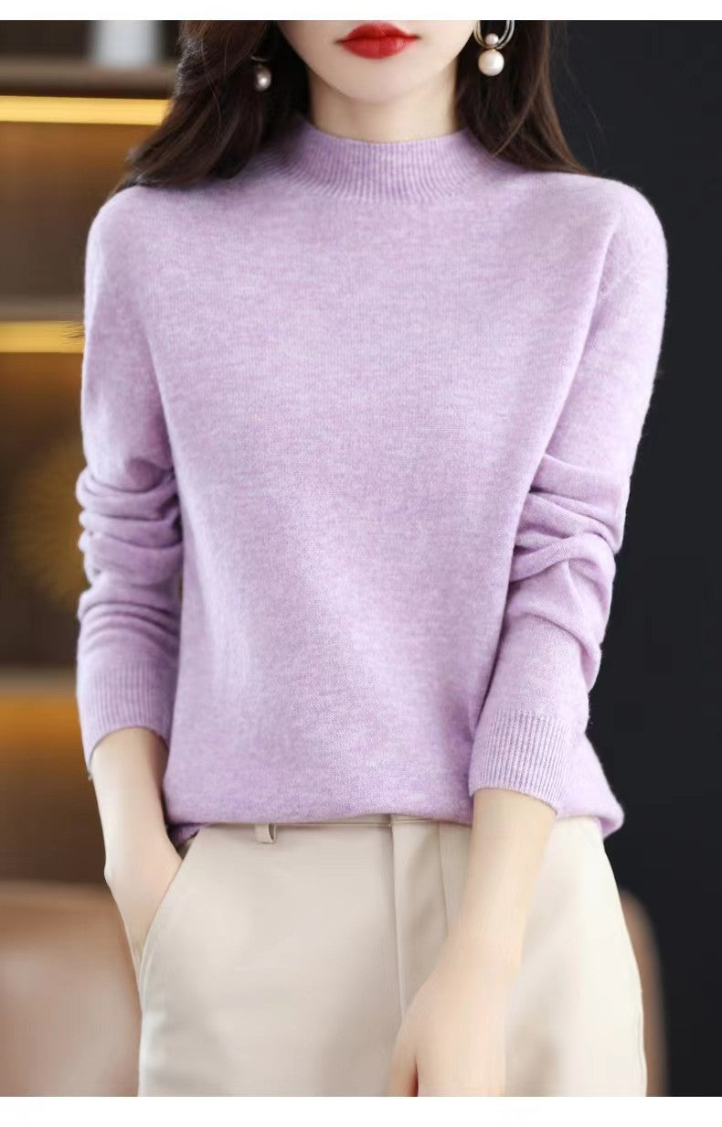 Half High Collar Pure Wool Women's Long Sleeved Knitted Base Sweater - Modefluss