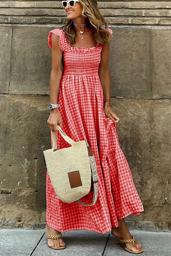 Kariertes, bequemes Maxikleid mit gesmokter Brust