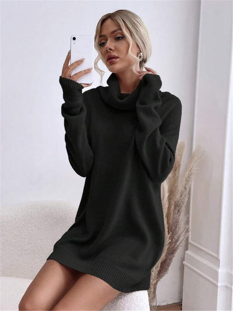 Solid Color Loose High Collar Knitted Dress - Modefluss
