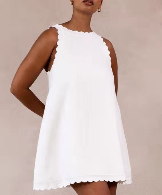 Cotton Hemp Solid Color Embroidered Ruffled Women's Dress - Modefluss