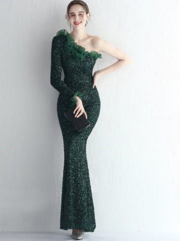 Temperament One-shoulder Long-sleeved Sequined Aura Queen Fishtail - Modefluss