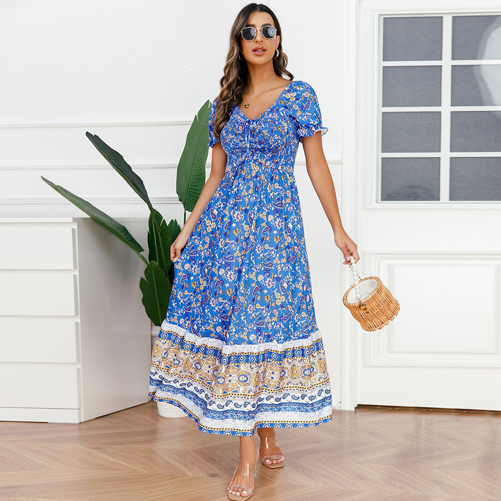 Drawstring Lace V-neck Printed Dress - Modefluss
