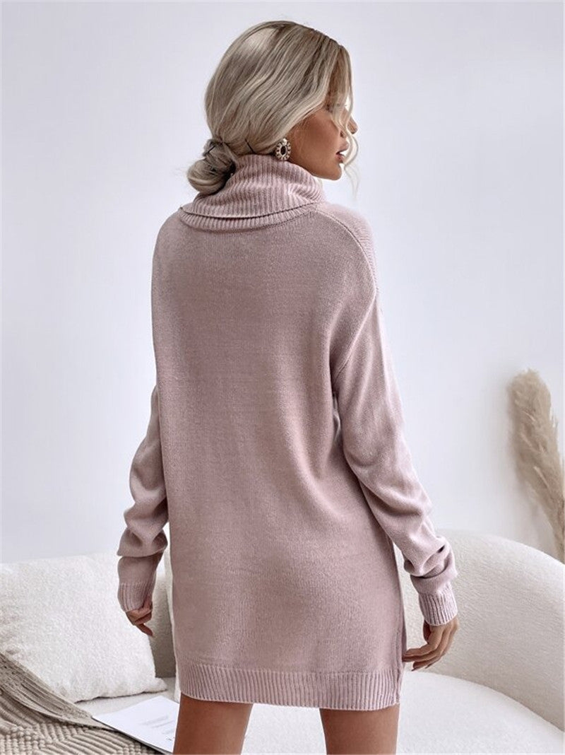 Solid Color Loose High Collar Knitted Dress - Modefluss