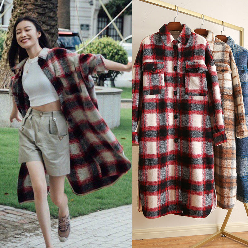 Lose Plaid Profil Wolle Mantel Mid-länge Frauen - Modefluss