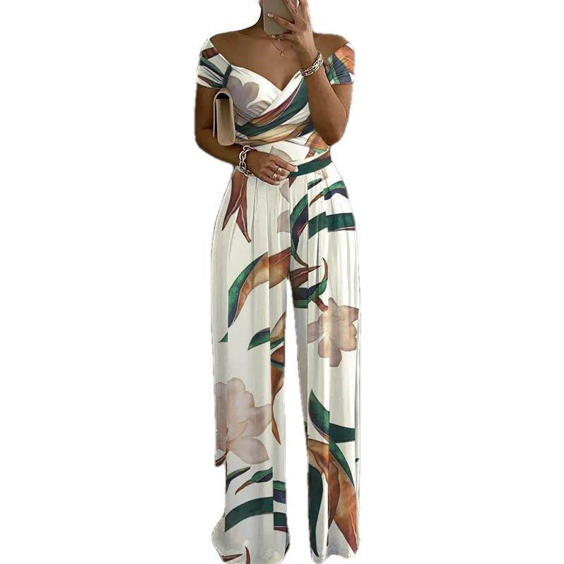 European And American Fashion Off-shoulder Printed Temperament Commute Casual High Waist Jumpsuit Women - Modefluss