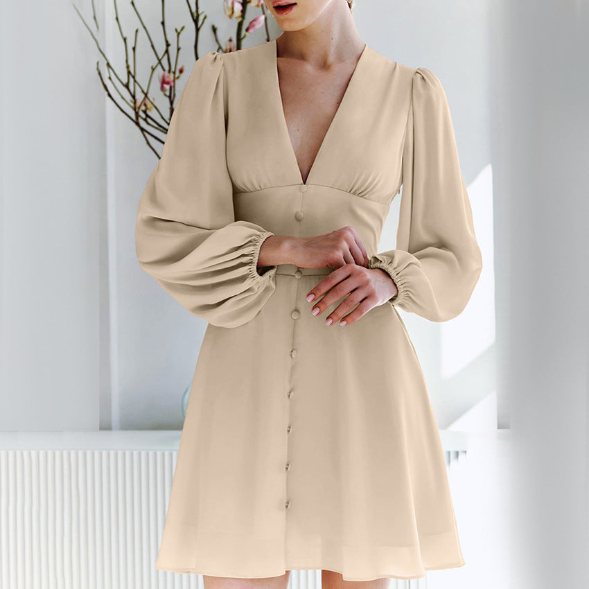 French Chiffon V-neck Long-sleeve Dress Autumn Fashion Khaki Tight Waist A- Line - Modefluss