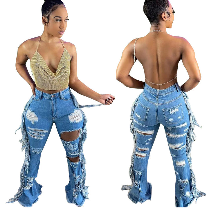 Europäische und amerikanische notleidende gewaschene Quaste Jeans - Modefluss