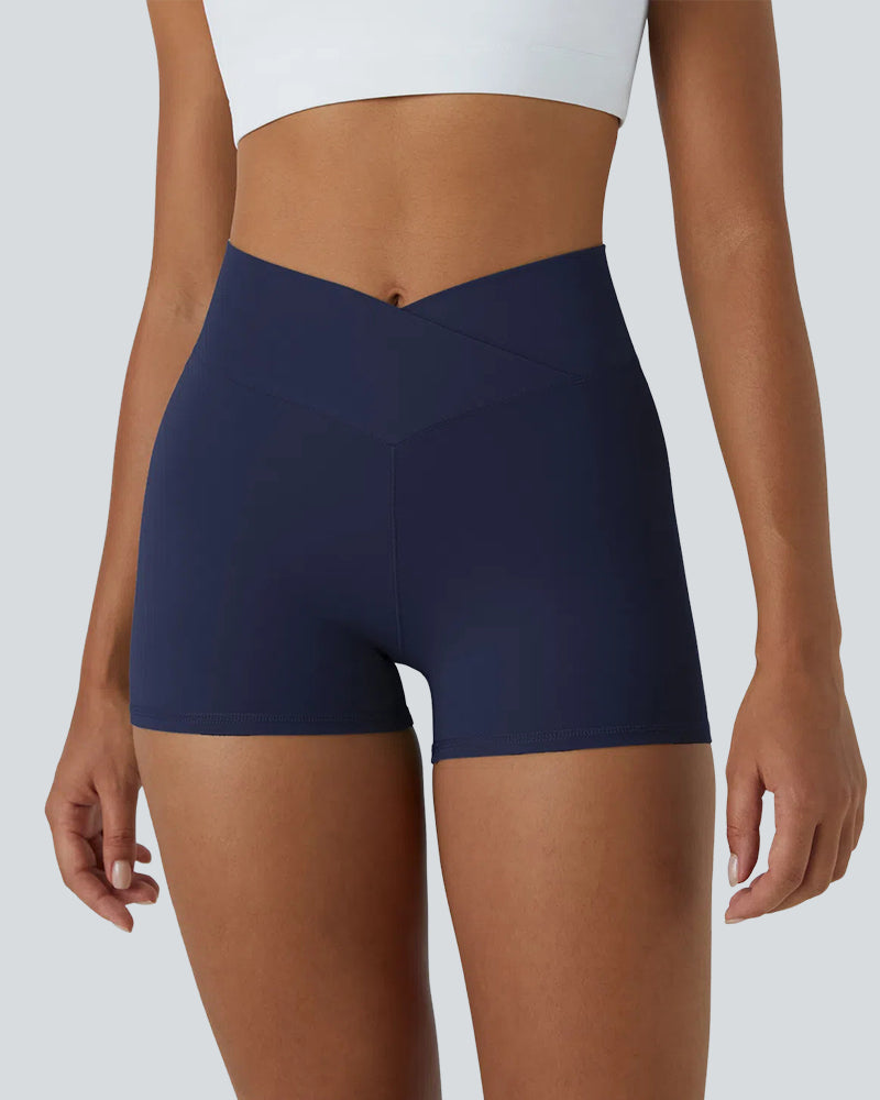 High Waisted Crossover Plain Yoga Biker Shorts 3'' for Women