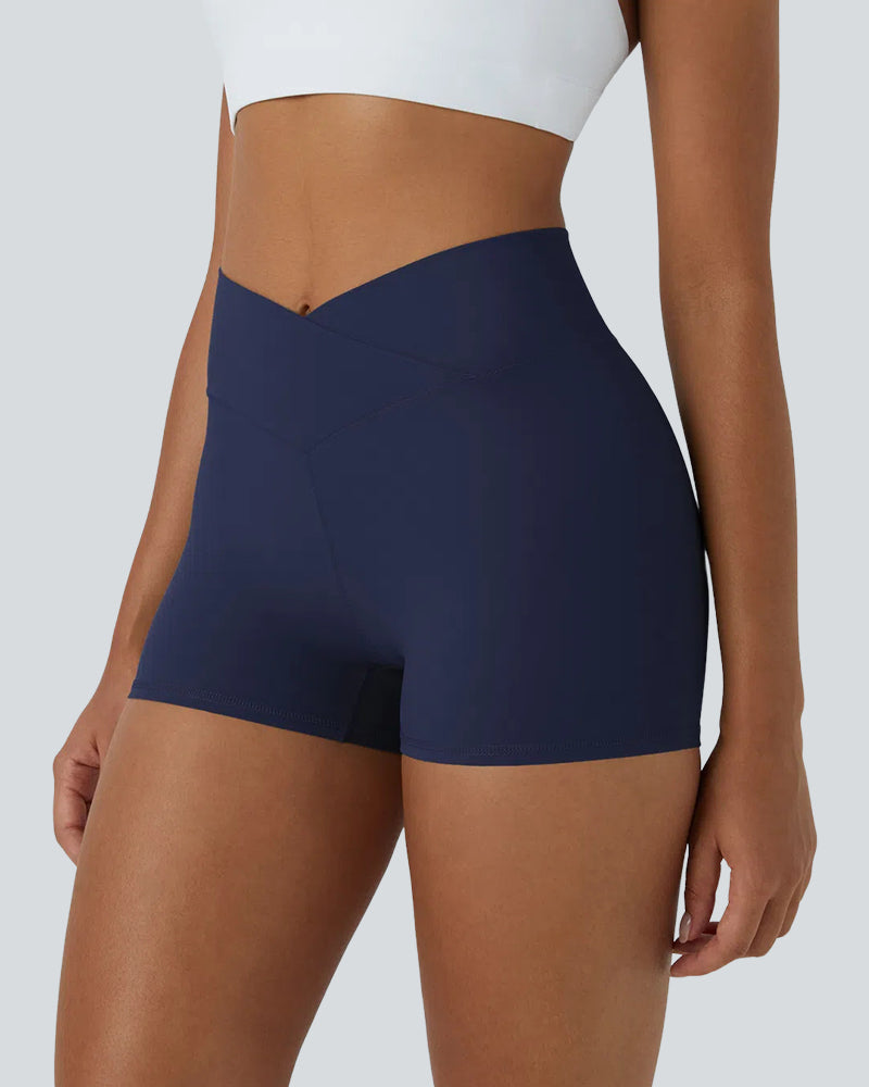 High Waisted Crossover Plain Yoga Biker Shorts 3'' for Women