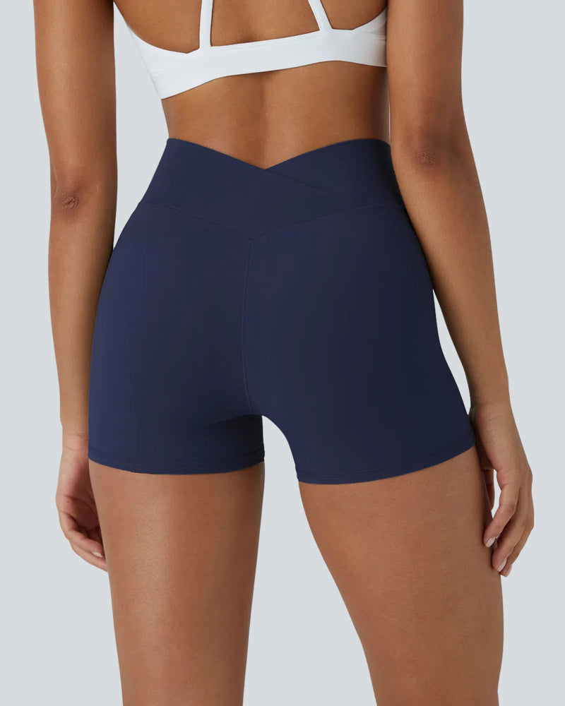 High Waisted Crossover Plain Yoga Biker Shorts 3'' for Women
