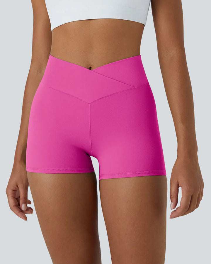 High Waisted Crossover Plain Yoga Biker Shorts 3'' for Women