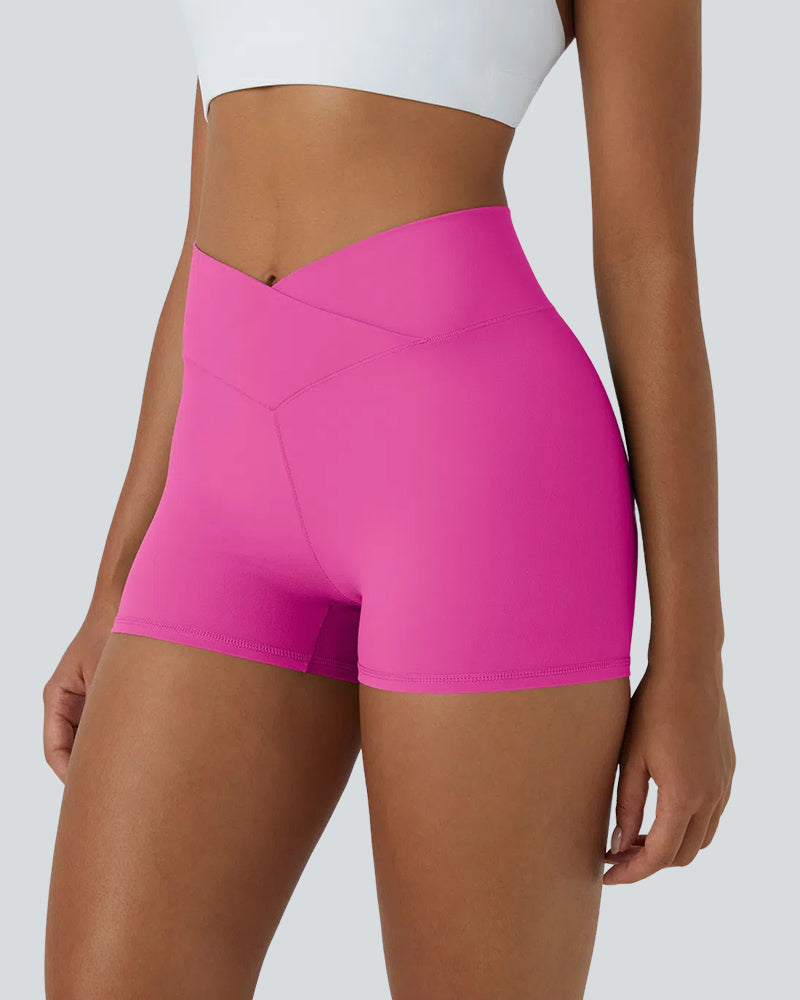 High Waisted Crossover Plain Yoga Biker Shorts 3'' for Women