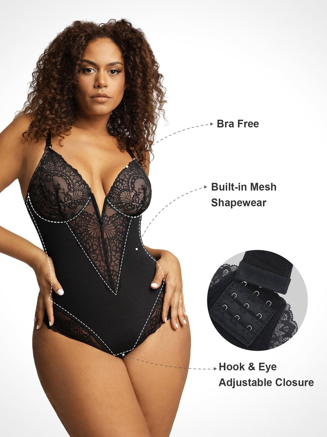 Deep-V Neck Lace Shapewear Bodysuit Leather Midi Skirt Set - Modefluss