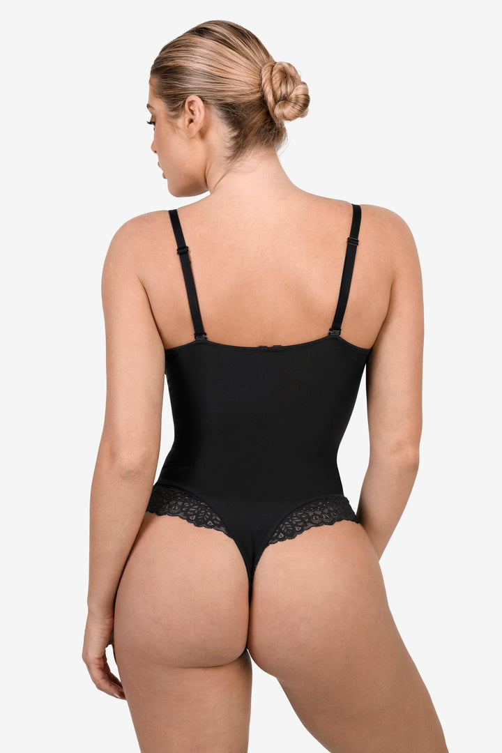 Deep-V Neck Lace Shapewear Bodysuit Leather Midi Skirt Set - Modefluss