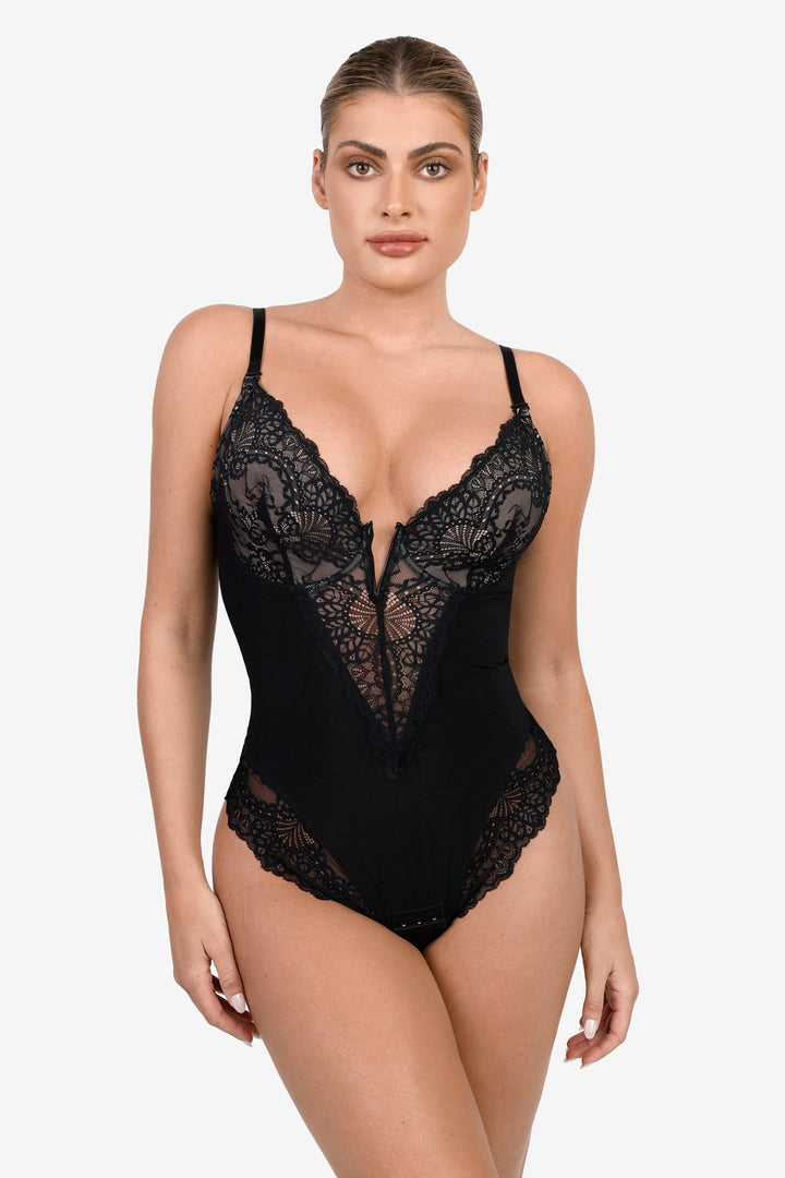 Deep-V Neck Lace Shapewear Bodysuit Leather Midi Skirt Set - Modefluss
