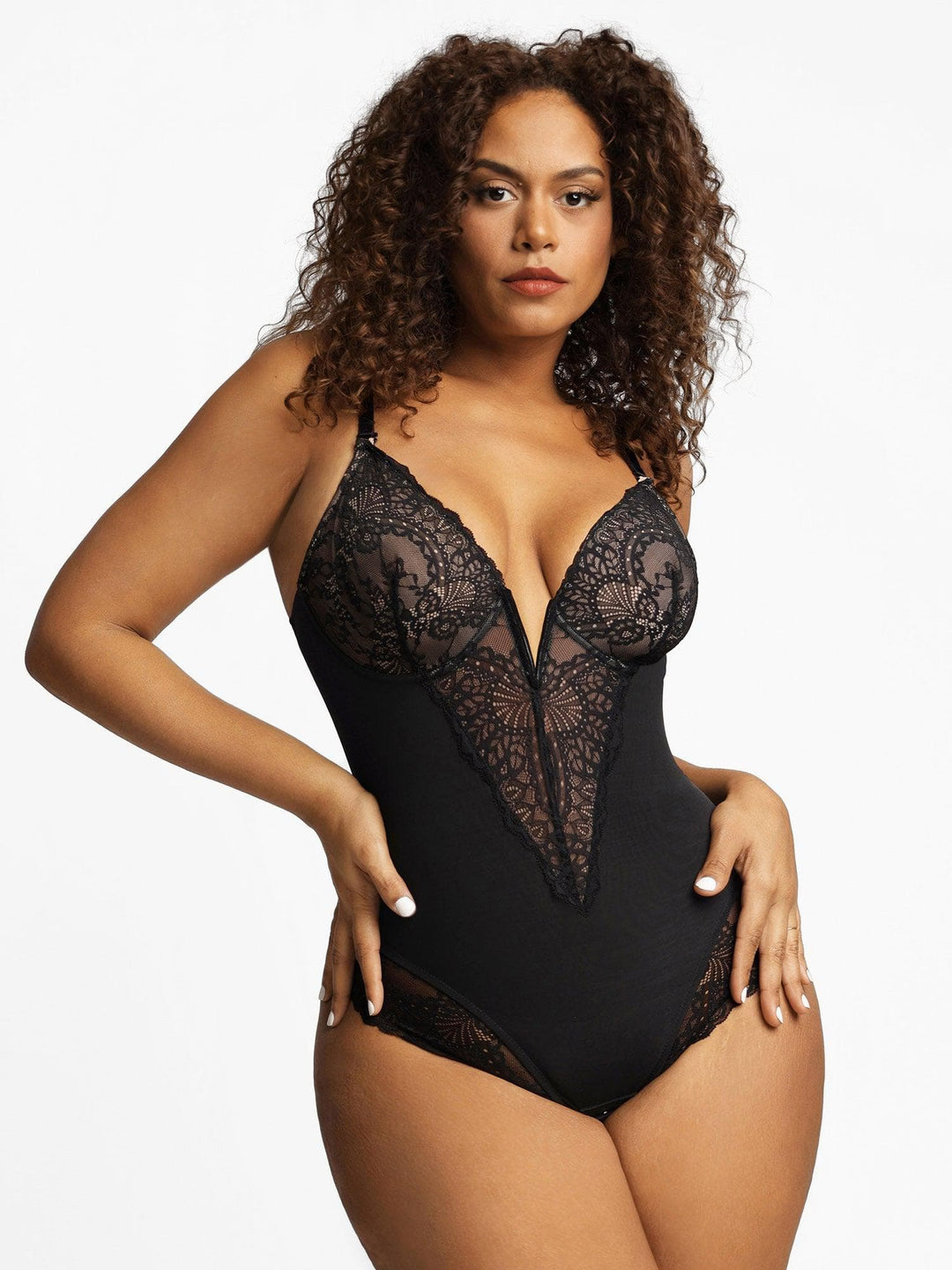 Deep-V Neck Lace Shapewear Bodysuit Leather Midi Skirt Set - Modefluss