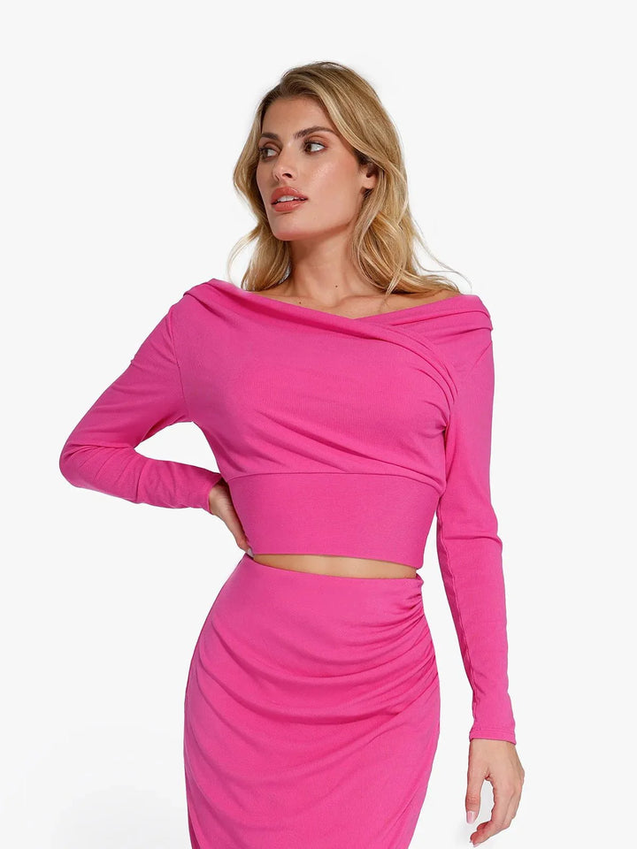 Long-Sleeve Rib Modal Off-the-Shoulder Slimming Crop Top - Modefluss