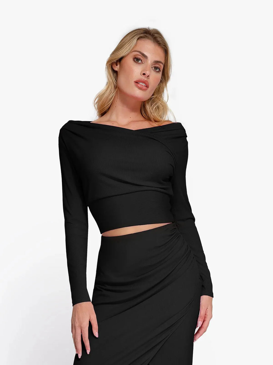 Long-Sleeve Rib Modal Off-the-Shoulder Slimming Crop Top - Modefluss