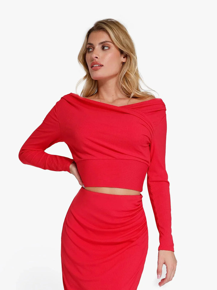 Long-Sleeve Rib Modal Off-the-Shoulder Slimming Crop Top - Modefluss