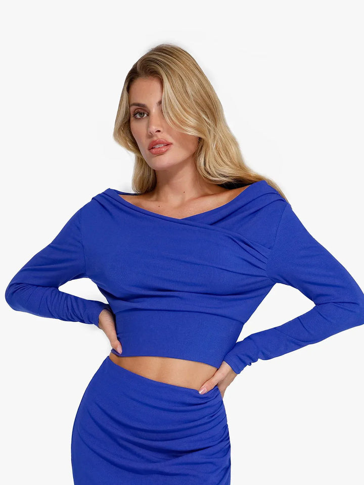 Long-Sleeve Rib Modal Off-the-Shoulder Slimming Crop Top - Modefluss