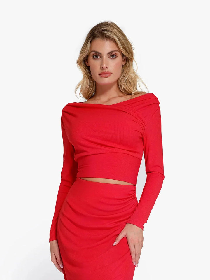 Long-Sleeve Rib Modal Off-the-Shoulder Slimming Crop Top - Modefluss