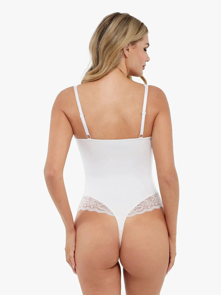 Body gainant à décolleté en V profond et empiècements en dentelle