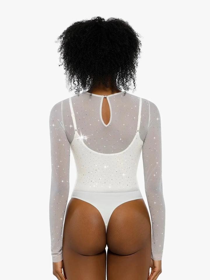 Shapewear Heat-Set Crystal Mesh Long-Sleeve Slimming Bodysuit - Modefluss