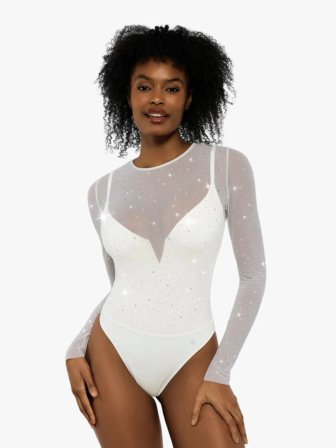 Shapewear Heat-Set Crystal Mesh Long-Sleeve Slimming Bodysuit - Modefluss