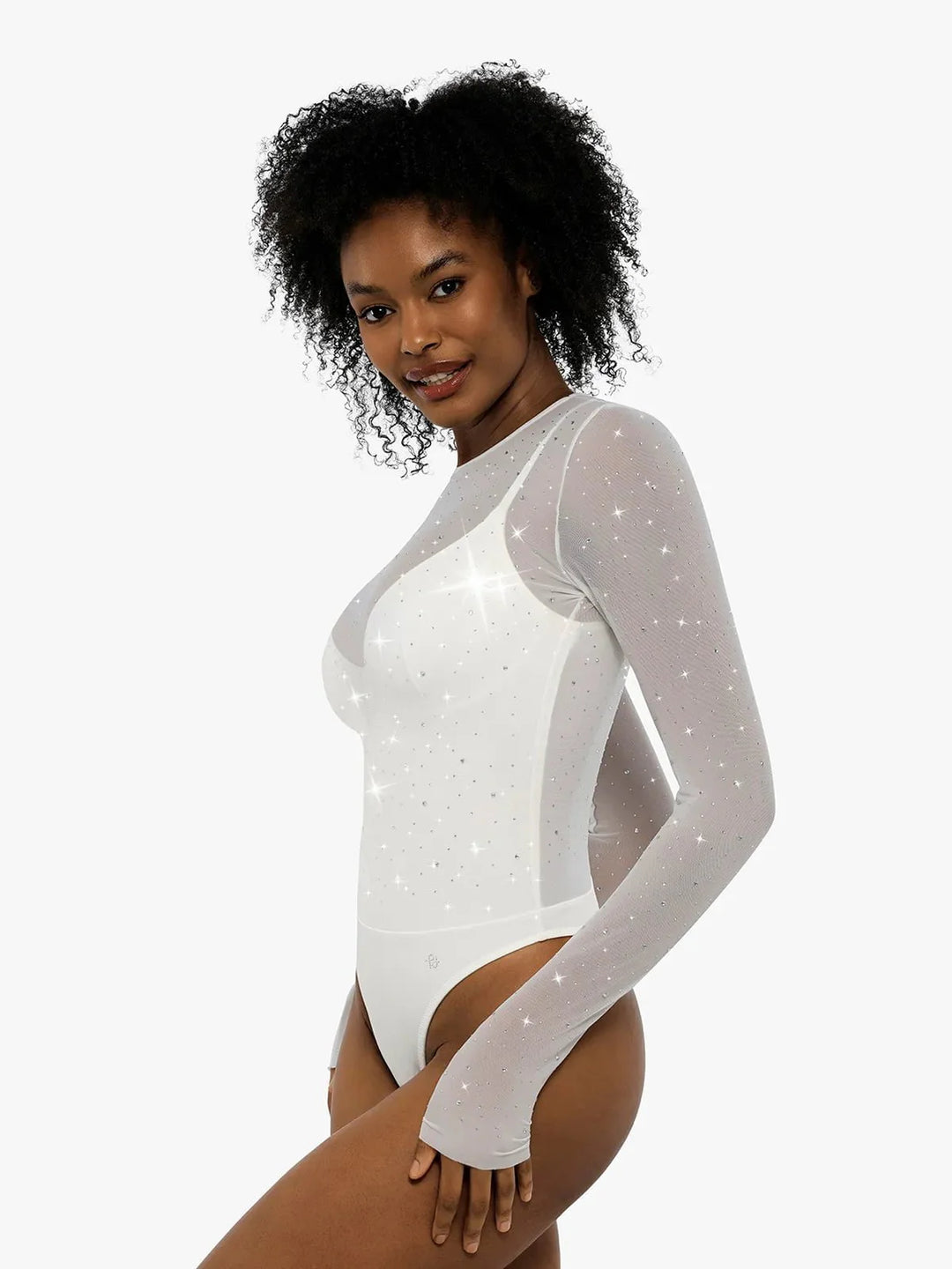 Shapewear Heat-Set Crystal Mesh Long-Sleeve Slimming Bodysuit - Modefluss